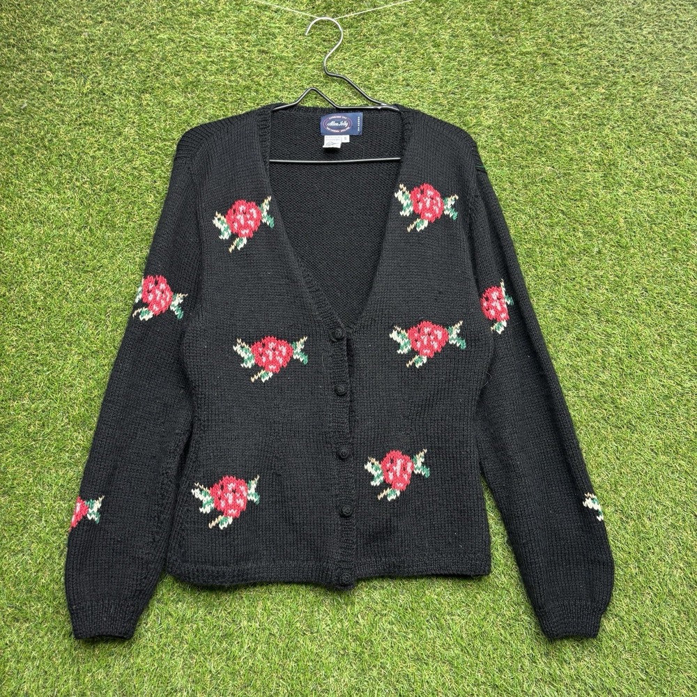 Vintage Jacque and Koko Floral Sweater Womens Small Black Rose Embroidered 90s